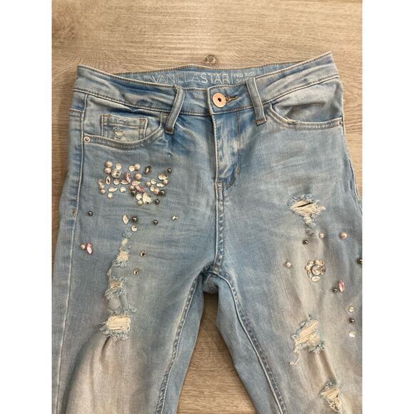 Vanilla Star Mid Rise Skinny Jeans Blue Size 27 Embellished Ripped Juniors‎ - Picture 7 of 11